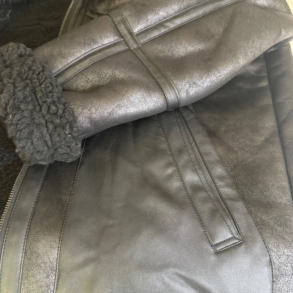 Tommy Hilfiger Men's Black‎ Faux Leather Shearling Lined Aviator Jacket Size L